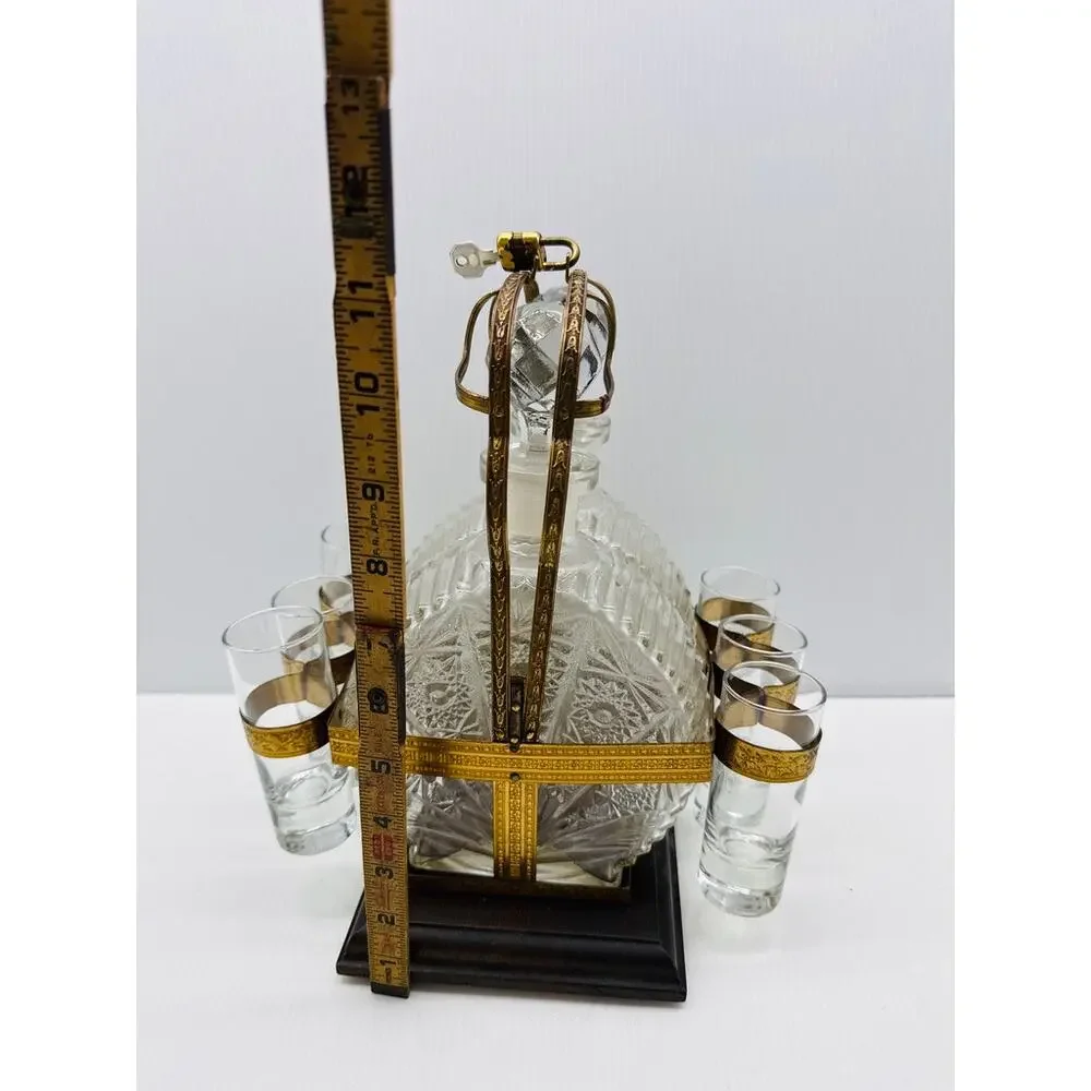 Vintage Cut Glass Decanter Set Brass Holder 6 Shot Glasses Wooden Base Barware